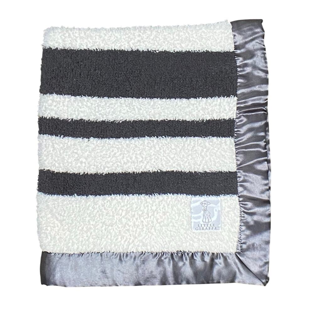 Little Giraffe Plush Chenille Satin Baby Blanket Sz 30"x34" Gray White Strip